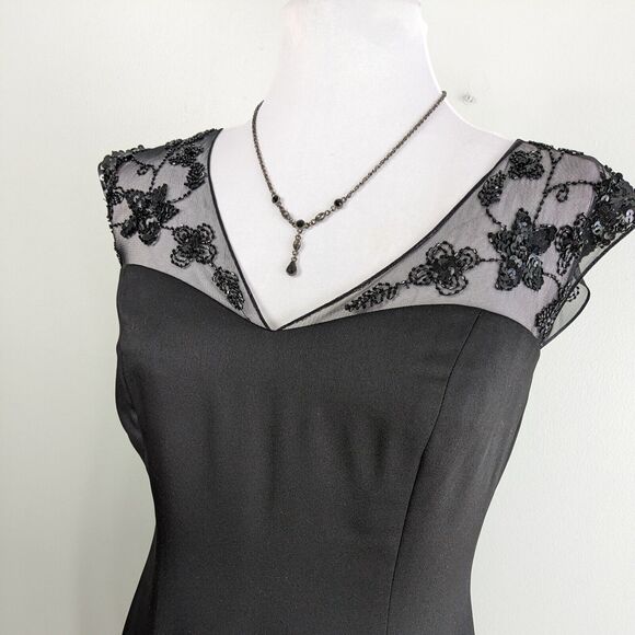 Maxi Dress Evening Gown Satin Sheer Beaded Mermaid Prom Formal Beaded Black 10 - Picture 4 of 11